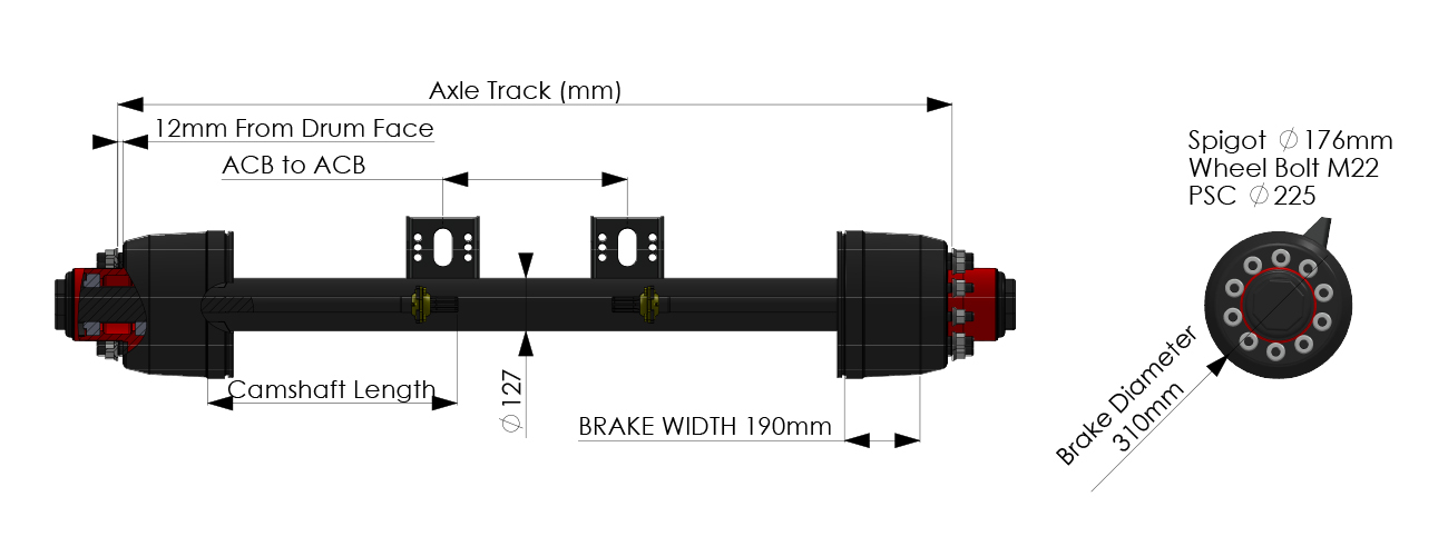 Granning Drum Brake Axles 350 series Heavy Duty Granning Drum Brake Axles 300 series